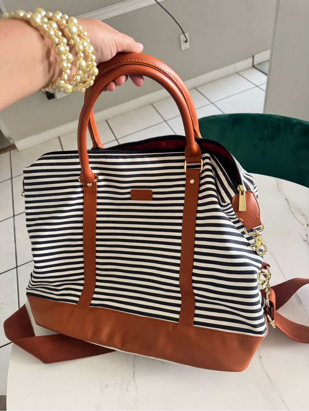 BAOSHA Striped Weekender Travel Bag Navy White Brown Carry On